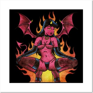 American Traditional Flaming Demoness Posters and Art